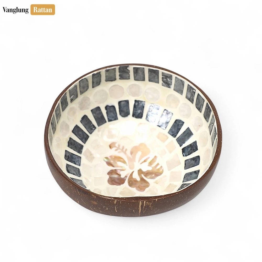 Rattan Export Handmade Coconut Bowl Mother of Pearl with Hibiscus Mosaic - REX-TW09CC009