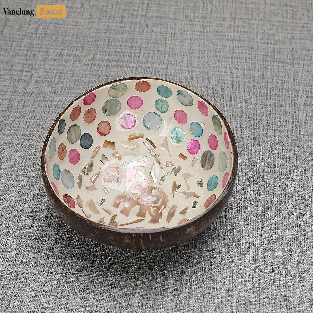 Rattan Export Handmade Coconut Bowl Mother of Pearl with Elephant Mosaic and Colorful Polka Dots - REX-TW09CC008