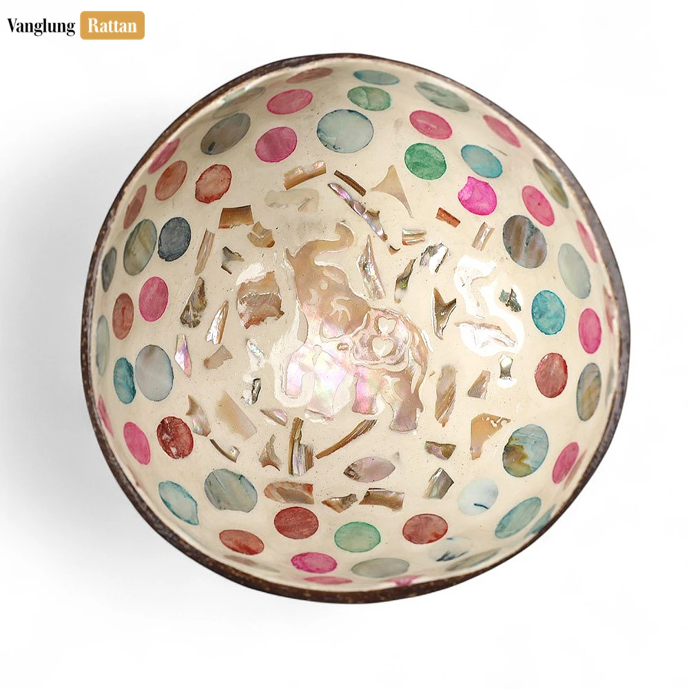 Rattan Export Handmade Coconut Bowl Mother of Pearl with Elephant Mosaic and Colorful Polka Dots - REX-TW09CC008