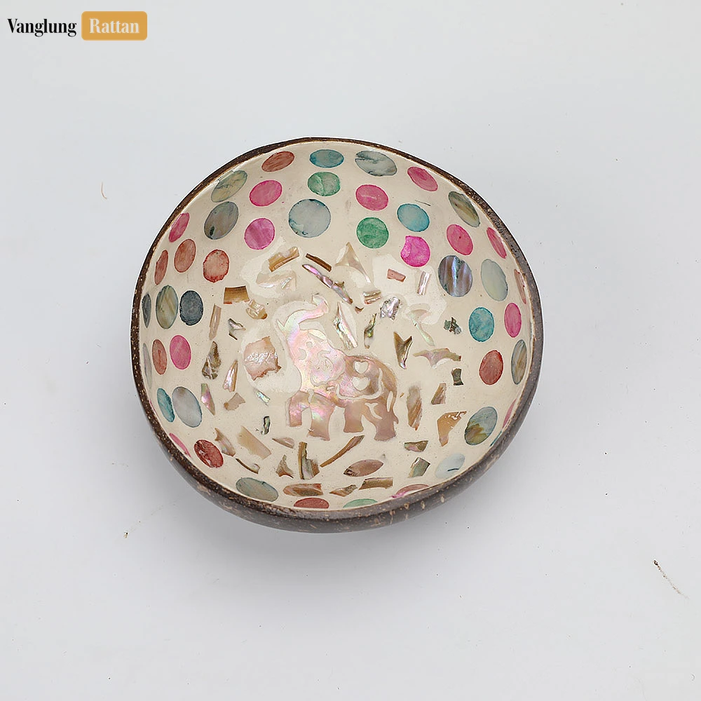 Rattan Export Handmade Coconut Bowl Mother of Pearl with Elephant Mosaic and Colorful Polka Dots - REX-TW09CC008