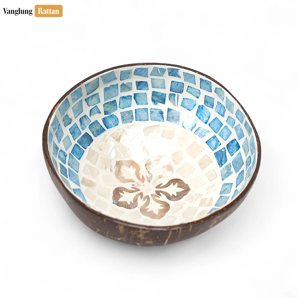 Rattan Export Handmade Coconut Bowl Mother of Pearl with Ombre Mosaic and Pearl Flower - REX-TW09CC007