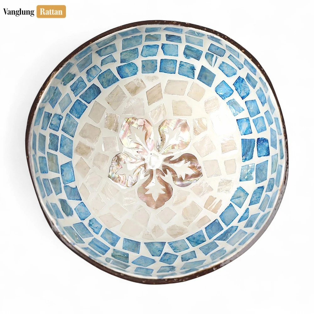 Rattan Export Handmade Coconut Bowl Mother of Pearl with Ombre Mosaic and Pearl Flower - REX-TW09CC007