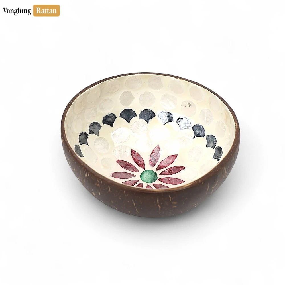 Rattan Export Handmade Coconut Bowl Mother of Pearl with Floral Mandala Mosaic - REX-TW09CC006