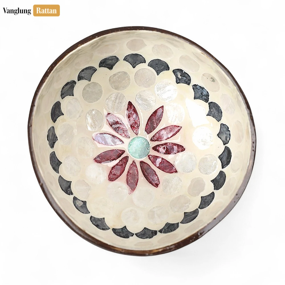 Rattan Export Handmade Coconut Bowl Mother of Pearl with Floral Mandala Mosaic - REX-TW09CC006