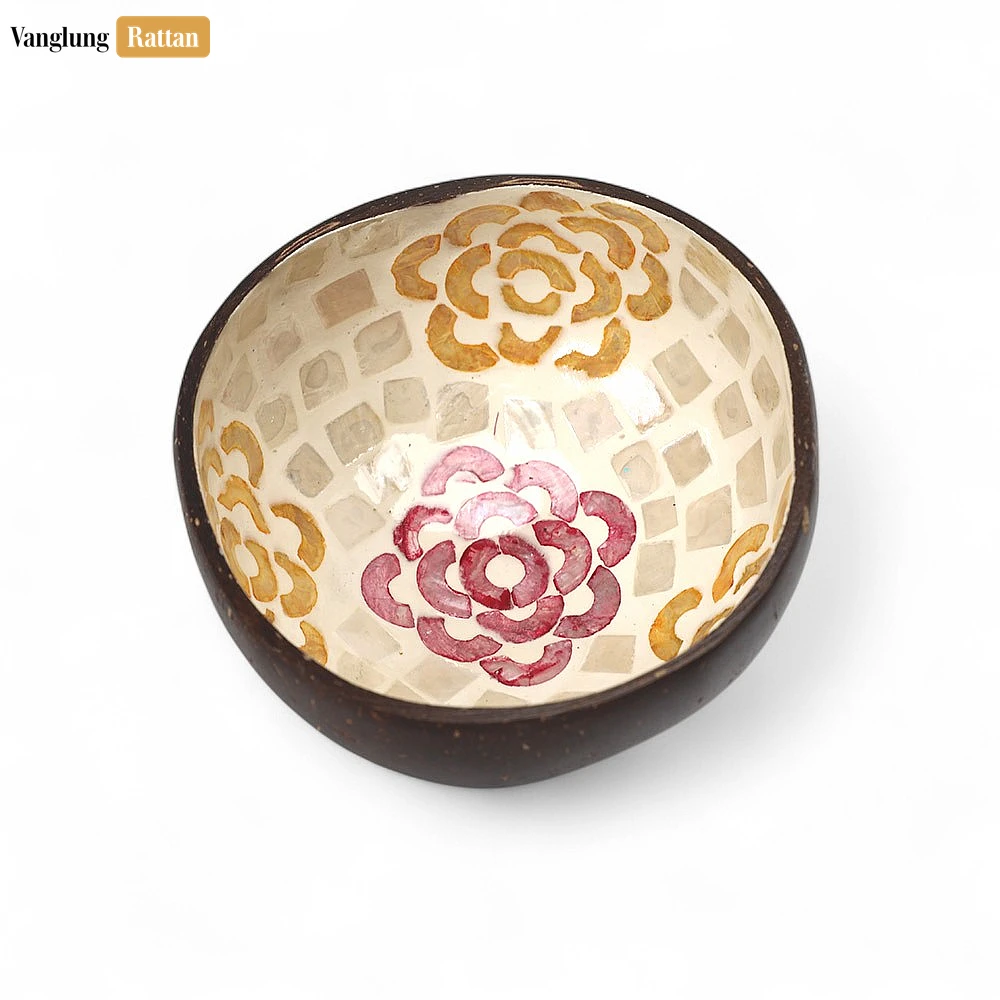 Rattan Export Handmade Coconut Bowl Mother of Pearl with Painted Flower Mosaic - REX-TW09CC005