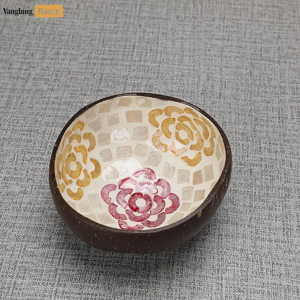 Rattan Export Handmade Coconut Bowl Mother of Pearl with Painted Flower Mosaic - REX-TW09CC005