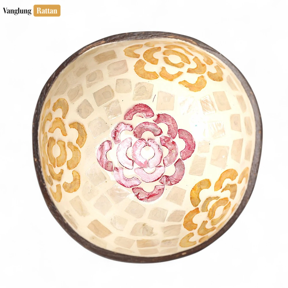 Rattan Export Handmade Coconut Bowl Mother of Pearl with Painted Flower Mosaic - REX-TW09CC005