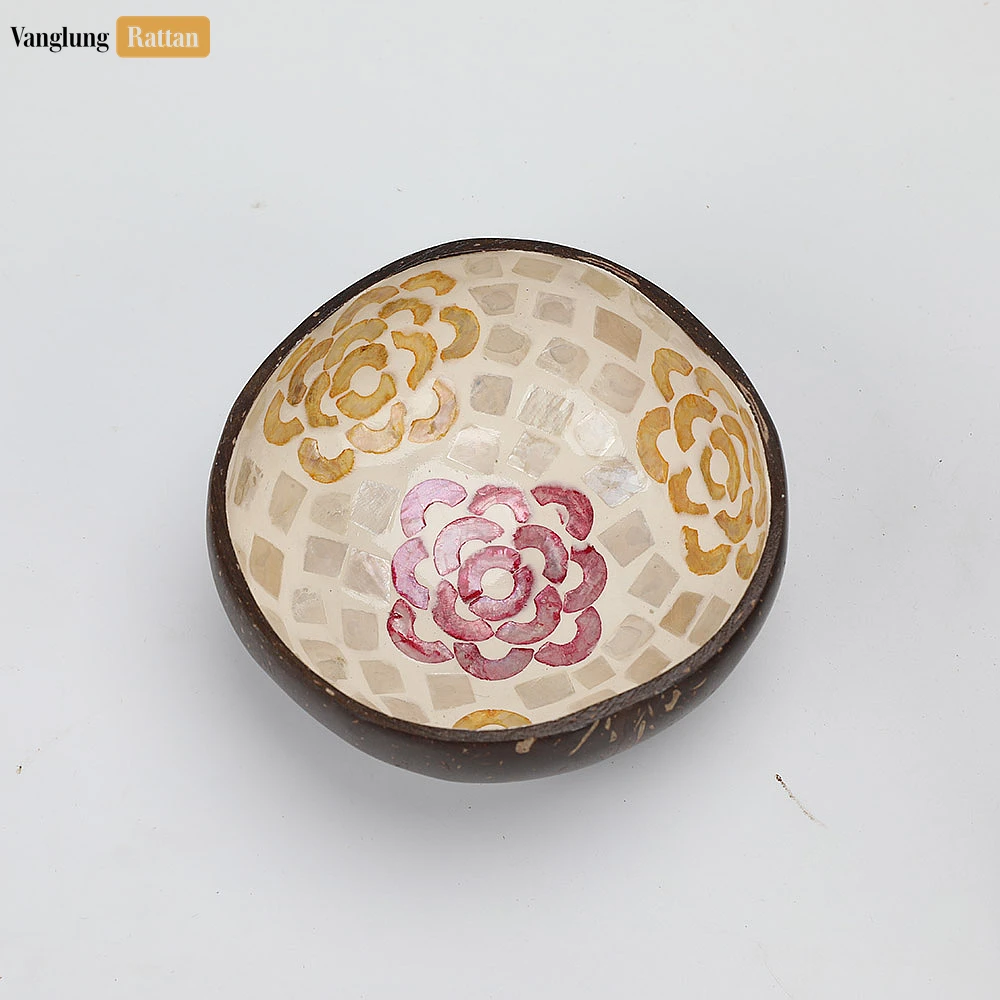 Rattan Export Handmade Coconut Bowl Mother of Pearl with Painted Flower Mosaic - REX-TW09CC005
