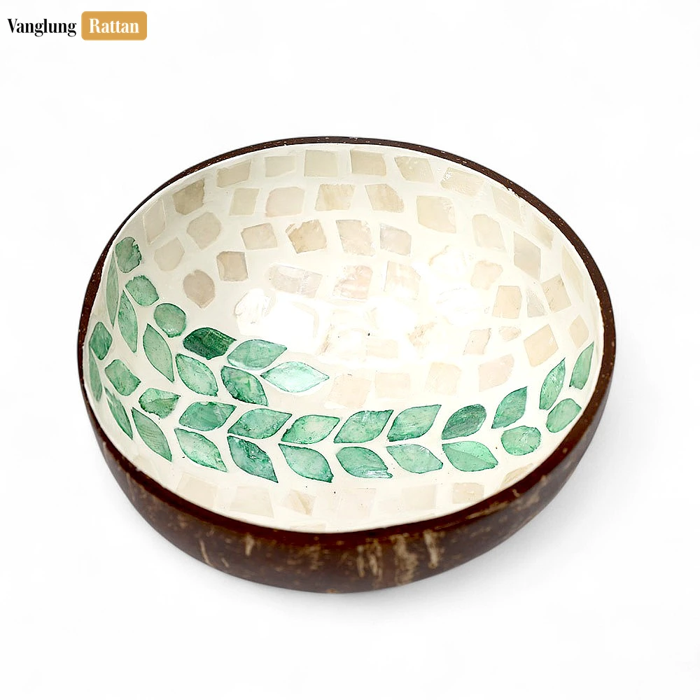 Rattan Export Handmade Coconut Bowl Mother of Pearl with Green Botanical Vine Mosaic - REX-TW09CC004