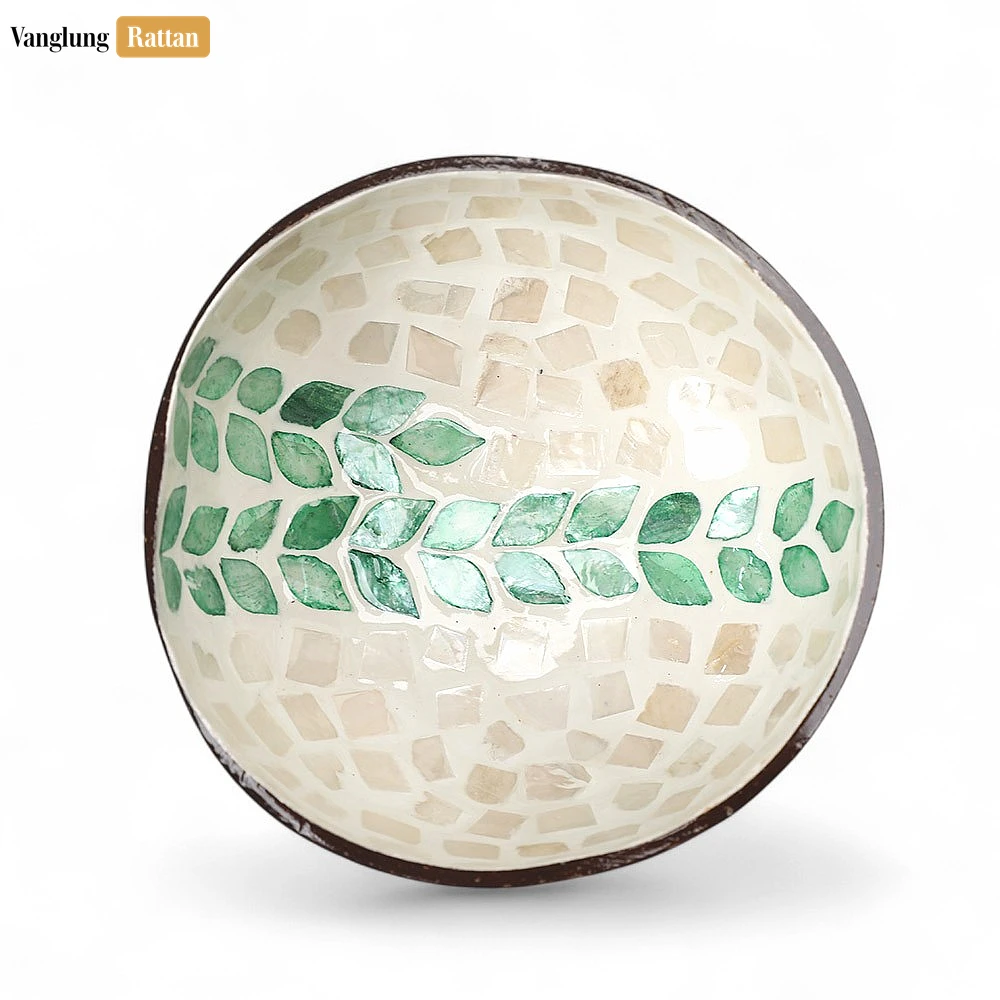Rattan Export Handmade Coconut Bowl Mother of Pearl with Green Botanical Vine Mosaic - REX-TW09CC004