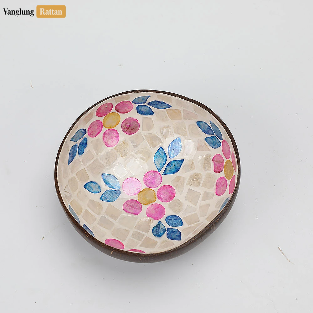 Rattan Export Handmade Coconut Bowl Mother of Pearl with Painted Pink Flower - REX-TW09CC003