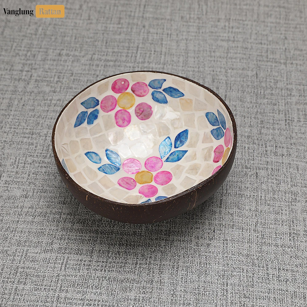 Rattan Export Handmade Coconut Bowl Mother of Pearl with Painted Pink Flower - REX-TW09CC003