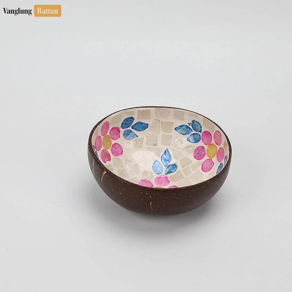 Rattan Export Handmade Coconut Bowl Mother of Pearl with Painted Pink Flower - REX-TW09CC003