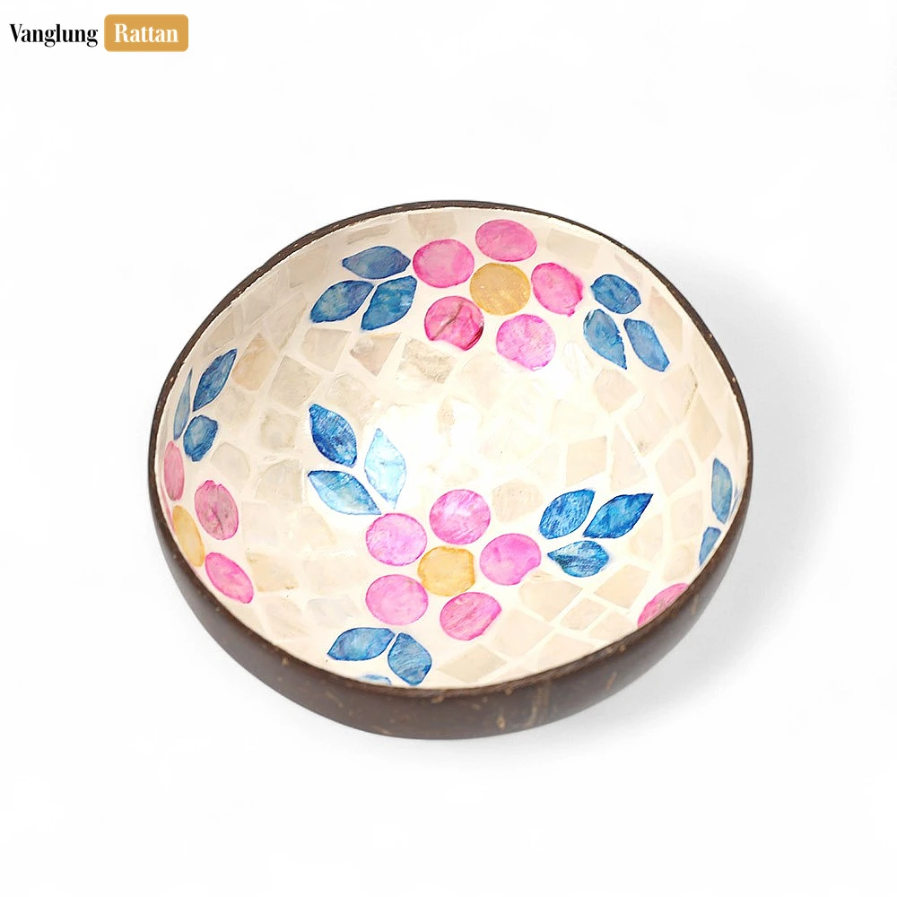 Rattan Export Handmade Coconut Bowl Mother of Pearl with Painted Pink Flower - REX-TW09CC003