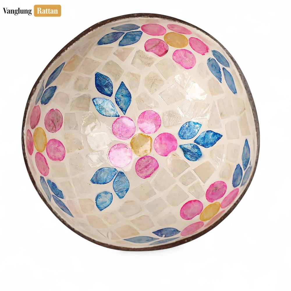 Rattan Export Handmade Coconut Bowl Mother of Pearl with Painted Pink Flower - REX-TW09CC003