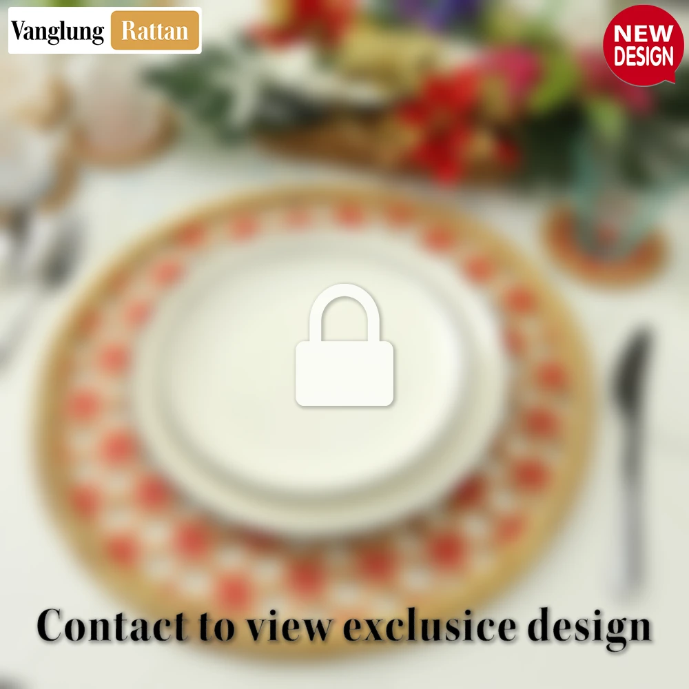 Rattan Export Round Natural Handwoven Bamboo Rattan Placemat with Red Star Hexagon Pattern - REX-UP054028