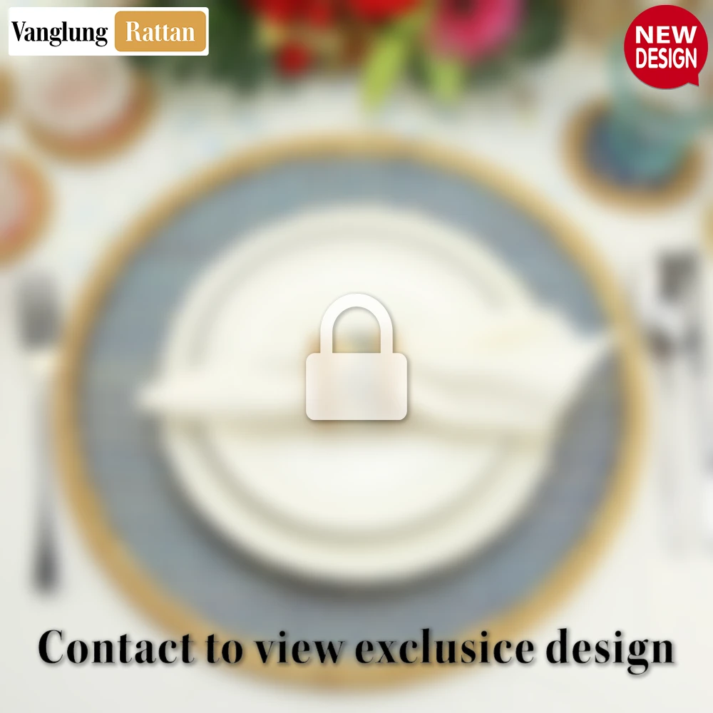 Rattan Export Round Natural Handwoven Bamboo Rattan Placemat with Blue Checkerboard Pattern - REX-UP054027