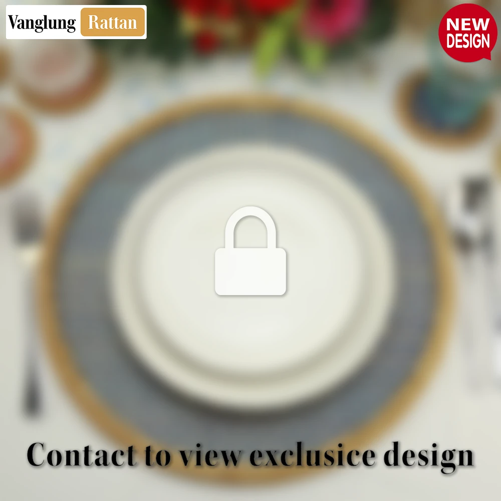 Rattan Export Round Natural Handwoven Bamboo Rattan Placemat with Blue Checkerboard Pattern - REX-UP054027