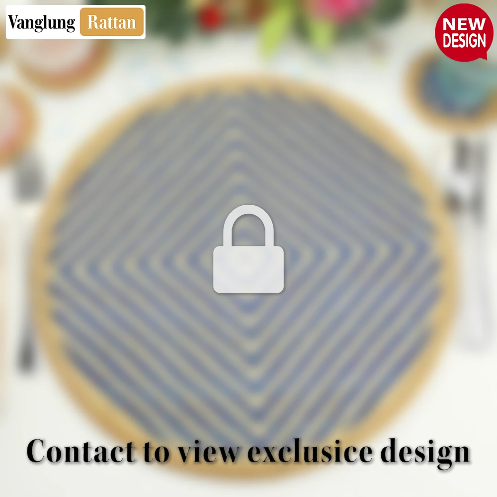 Rattan Export Round Natural Handwoven Bamboo Rattan Placemat with Blue Concentric Diamond Pattern - REX-UP054025