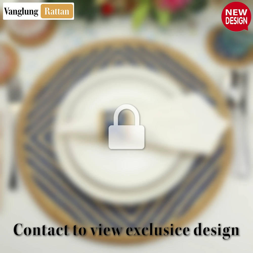 Rattan Export Round Natural Handwoven Bamboo Rattan Placemat with Blue Concentric Diamond Pattern - REX-UP054025