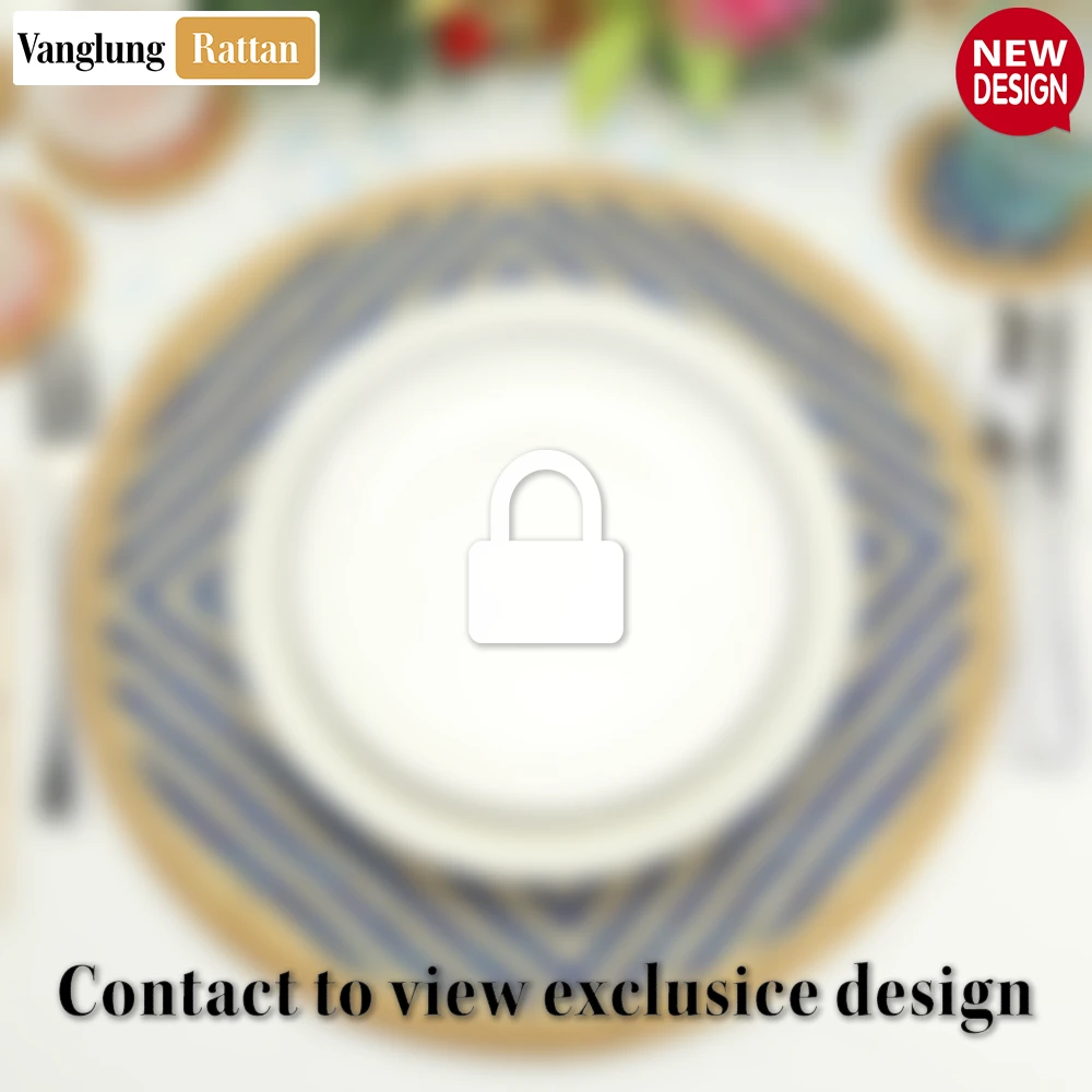 Rattan Export Round Natural Handwoven Bamboo Rattan Placemat with Blue Concentric Diamond Pattern - REX-UP054025