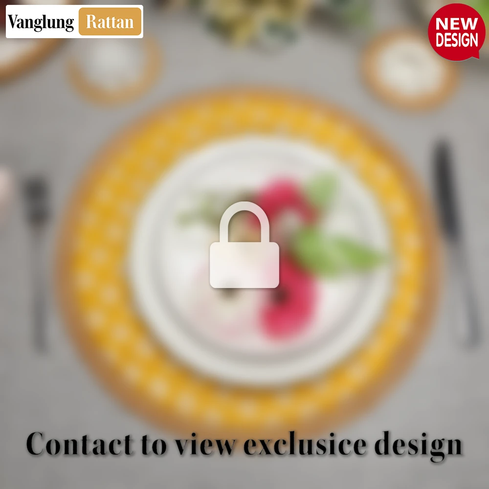 Rattan Export Round Natural Handwoven Bamboo Rattan Placemat with Yellow Geometric Diamond Pattern - REX-UP054024