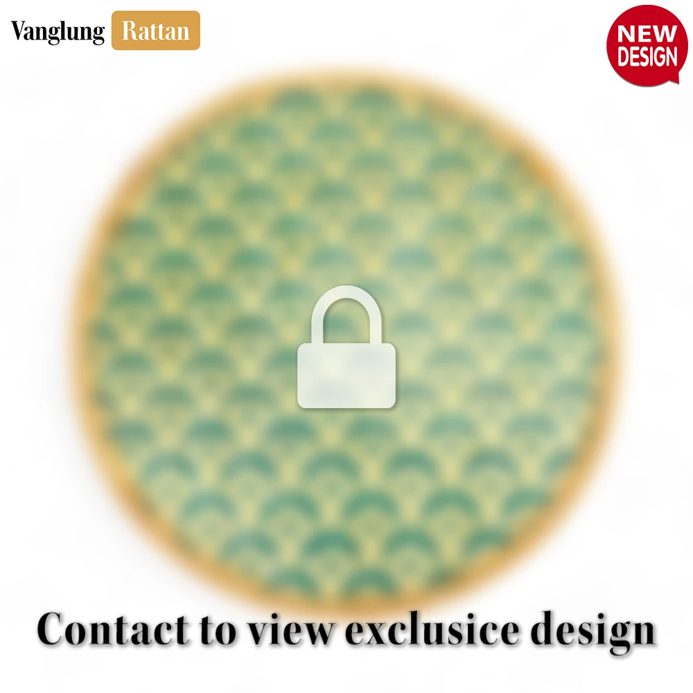 Rattan Export Round Natural Handwoven Bamboo Rattan Placemat with Teal Green Art Deco Fan Pattern - REX-UP054022