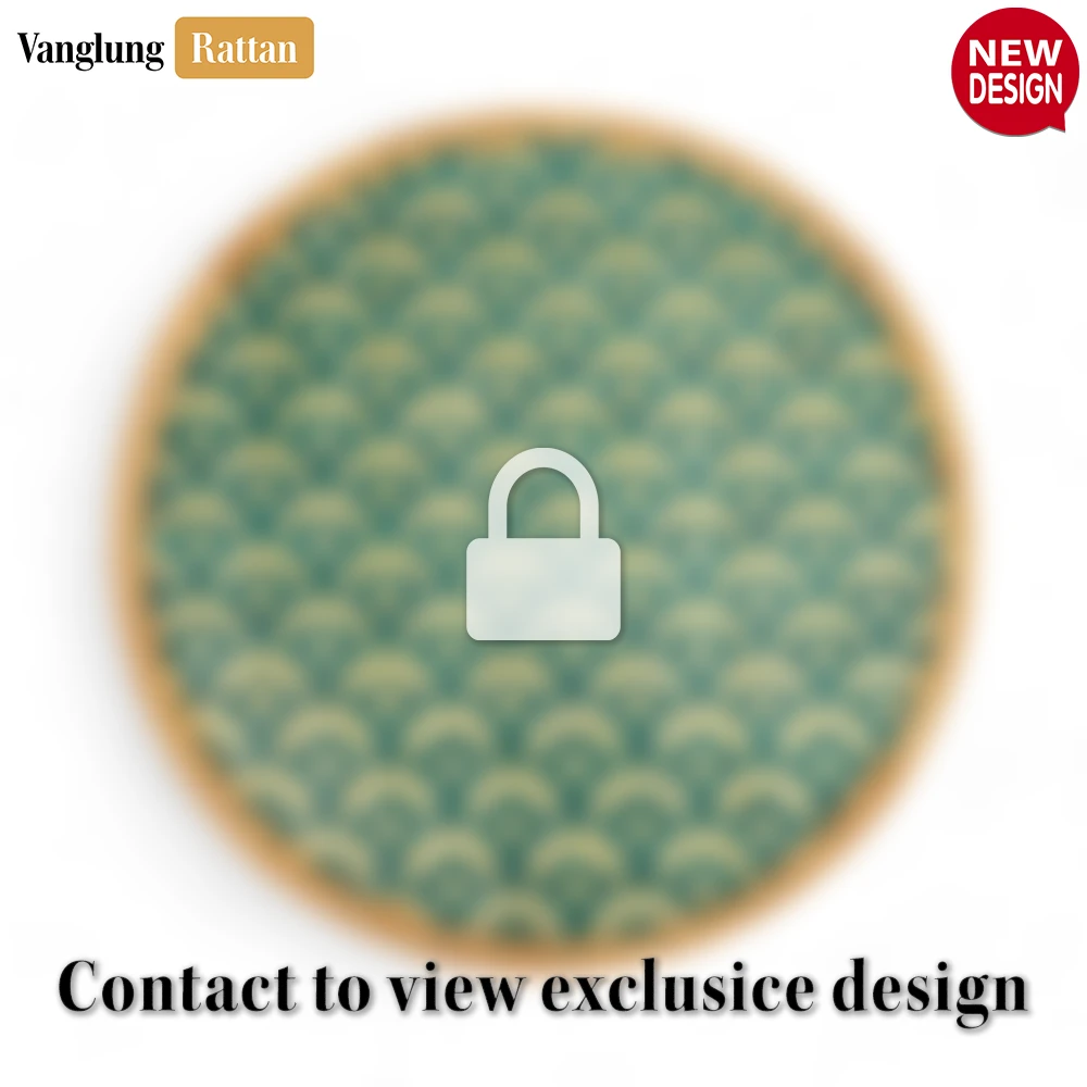 Rattan Export Round Natural Handwoven Bamboo Rattan Placemat with Teal Green Art Deco Fan Pattern - REX-UP054022