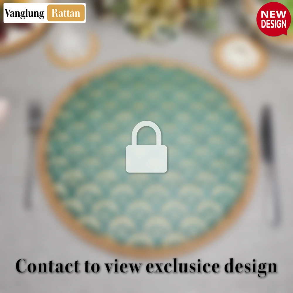 Rattan Export Round Natural Handwoven Bamboo Rattan Placemat with Teal Green Art Deco Fan Pattern - REX-UP054022