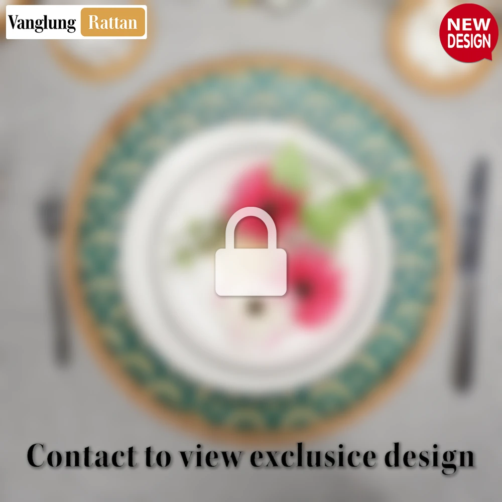 Rattan Export Round Natural Handwoven Bamboo Rattan Placemat with Teal Green Art Deco Fan Pattern - REX-UP054022