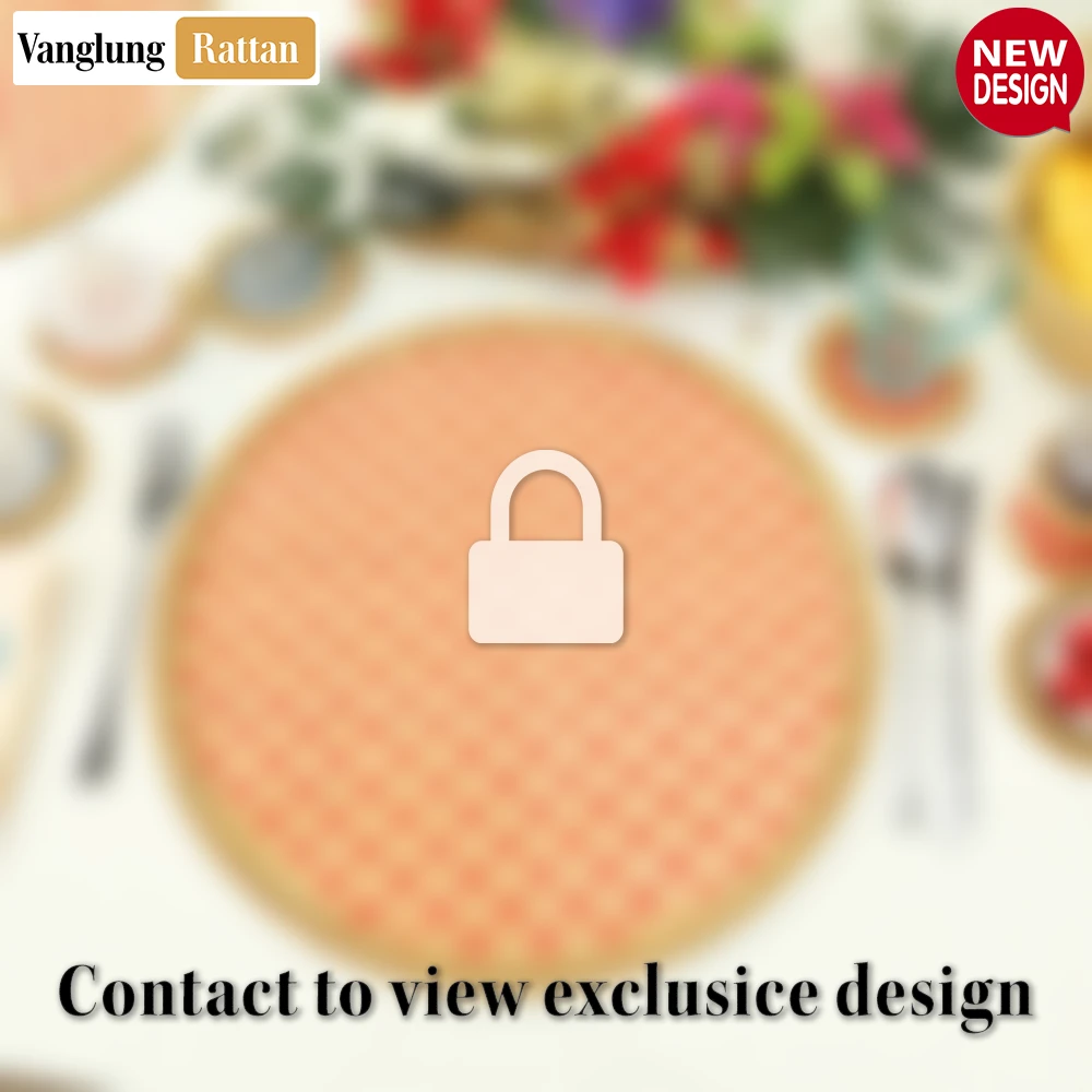 Rattan Export Round Natural Handwoven Bamboo Rattan Placemat with Red Geometric Diamond Pattern - REX-UP054021