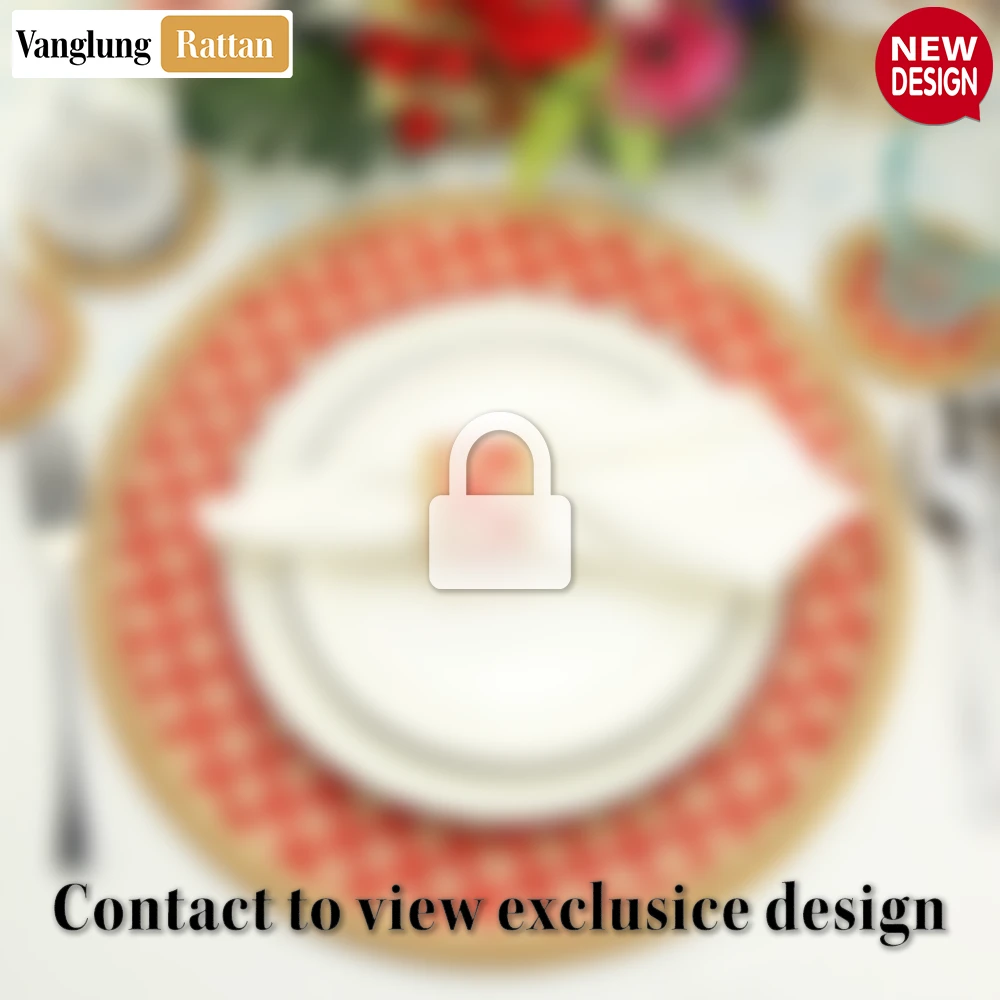 Rattan Export Round Natural Handwoven Bamboo Rattan Placemat with Red Geometric Diamond Pattern - REX-UP054021