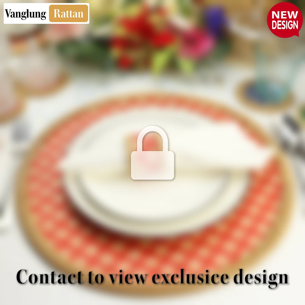 Rattan Export Round Natural Handwoven Bamboo Rattan Placemat with Red Geometric Diamond Pattern - REX-UP054021