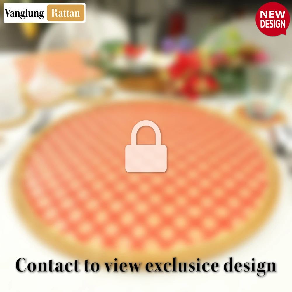 Rattan Export Round Natural Handwoven Bamboo Rattan Placemat with Red Geometric Diamond Pattern - REX-UP054021