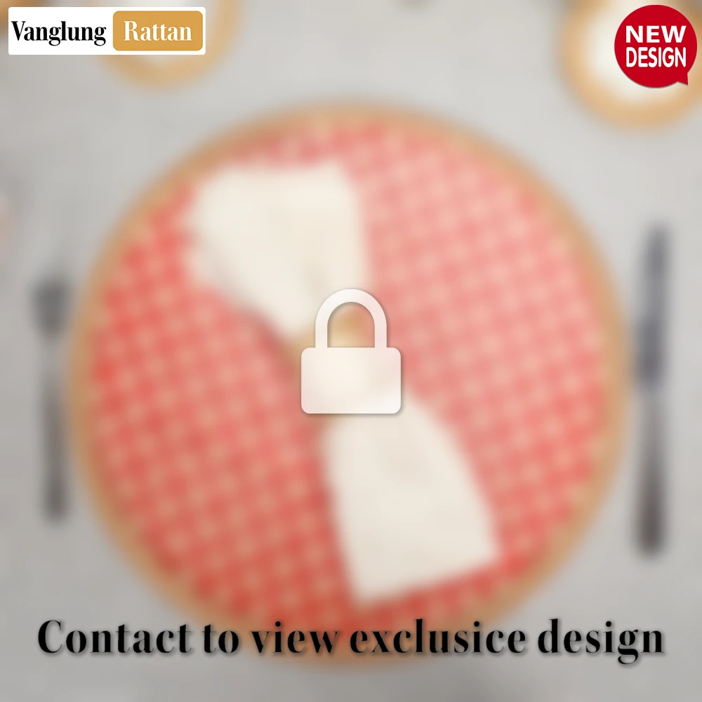 Rattan Export Round Natural Handwoven Bamboo Rattan Placemat with Red Geometric Diamond Pattern - REX-UP054021