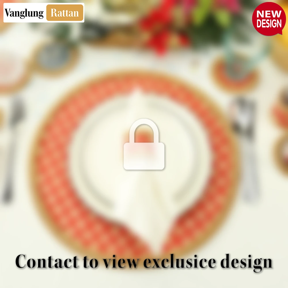 Rattan Export Round Natural Handwoven Bamboo Rattan Placemat with Red Geometric Diamond Pattern - REX-UP054021