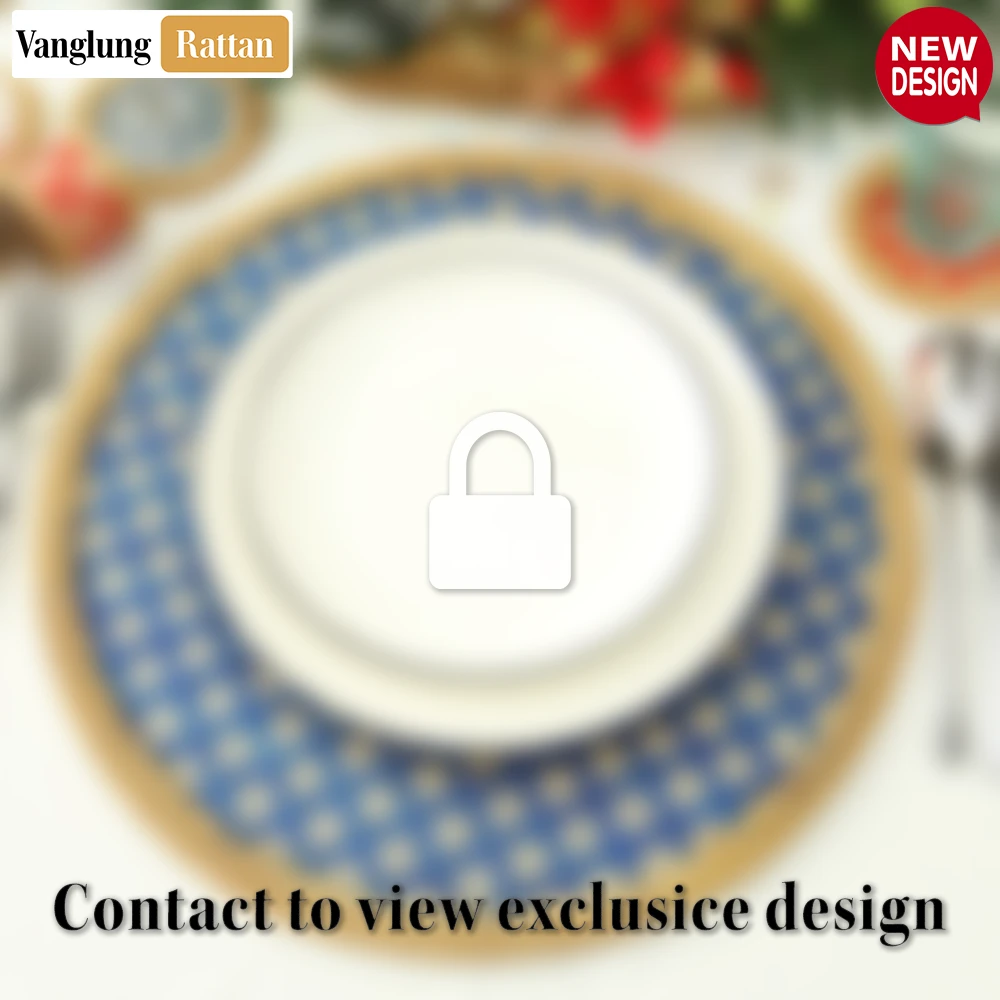 Rattan Export Round Natural Handwoven Bamboo Rattan Placemat with Blue Geometric Diamond Pattern - REX-UP054020