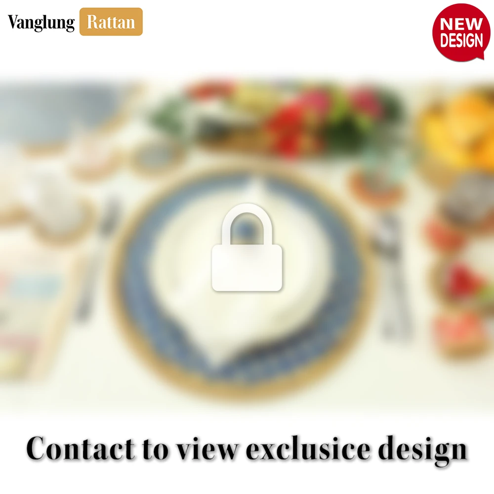 Rattan Export Round Natural Handwoven Bamboo Rattan Placemat with Blue Geometric Diamond Pattern - REX-UP054020