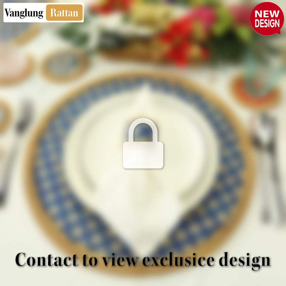 Rattan Export Round Natural Handwoven Bamboo Rattan Placemat with Blue Geometric Diamond Pattern - REX-UP054020