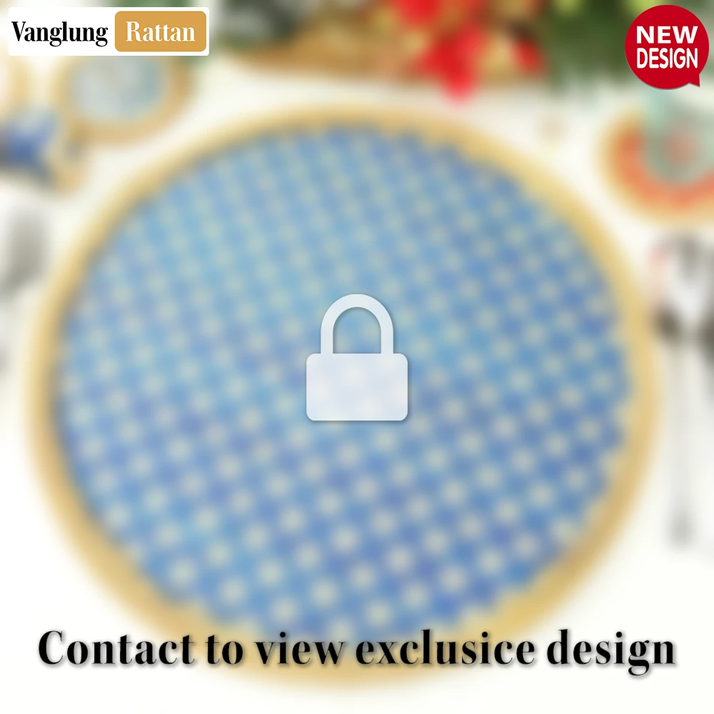 Rattan Export Round Natural Handwoven Bamboo Rattan Placemat with Blue Geometric Diamond Pattern - REX-UP054020