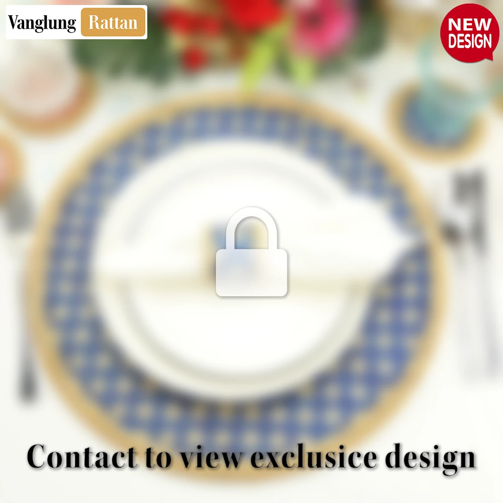 Rattan Export Round Natural Handwoven Bamboo Rattan Placemat with Blue Geometric Diamond Pattern - REX-UP054020