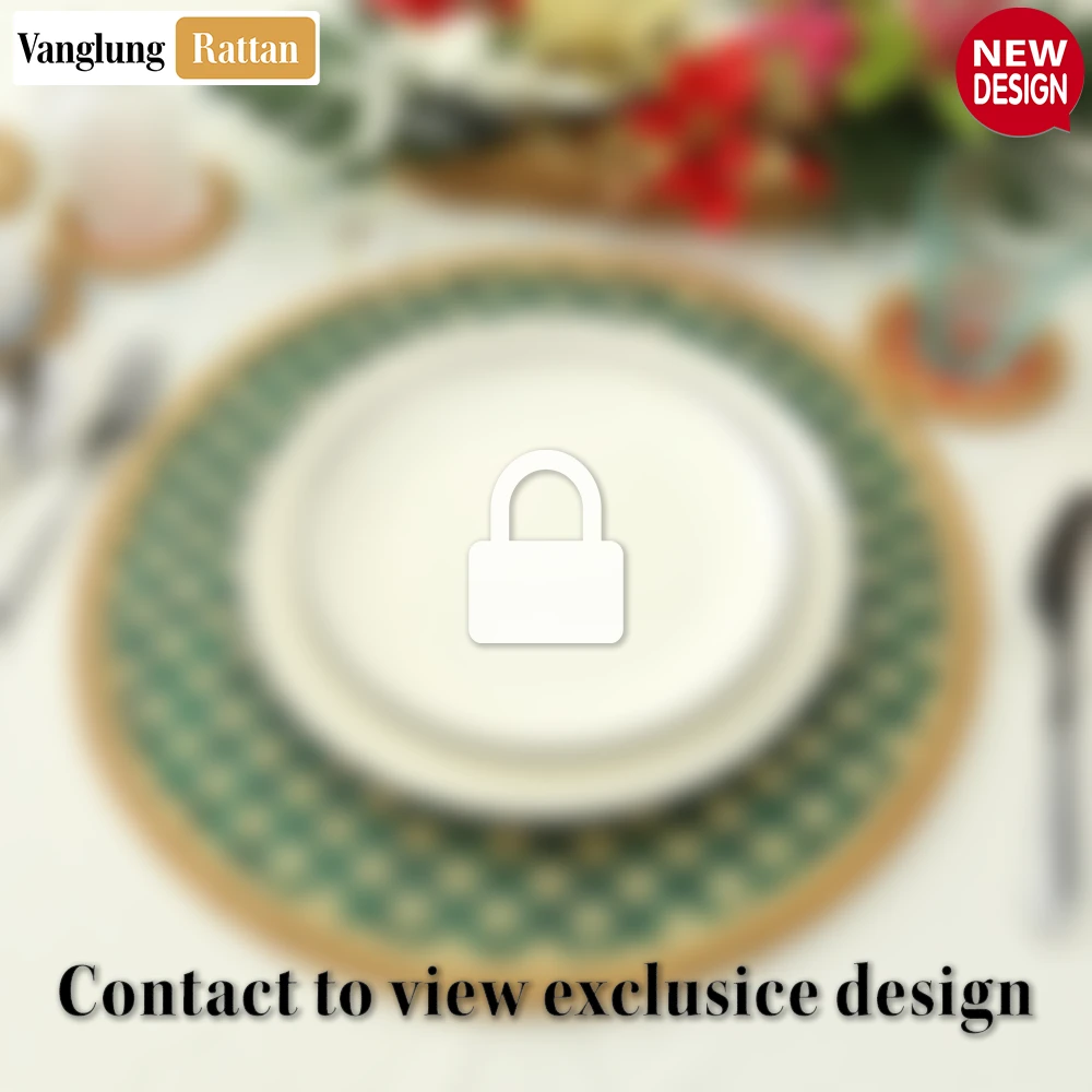 Rattan Export Round Natural Handwoven Bamboo Rattan Placemat with Green Geometric Diamond Pattern - REX-UP054019