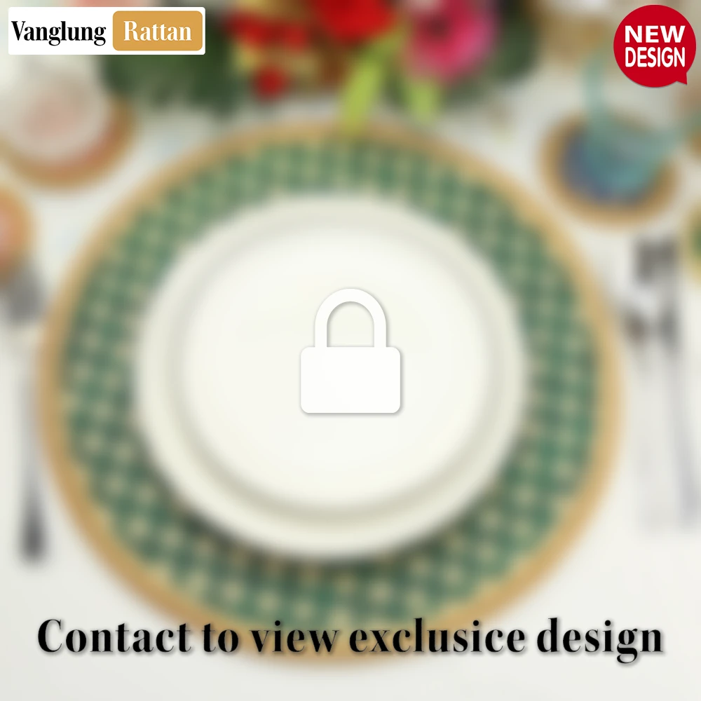 Rattan Export Round Natural Handwoven Bamboo Rattan Placemat with Green Geometric Diamond Pattern - REX-UP054019