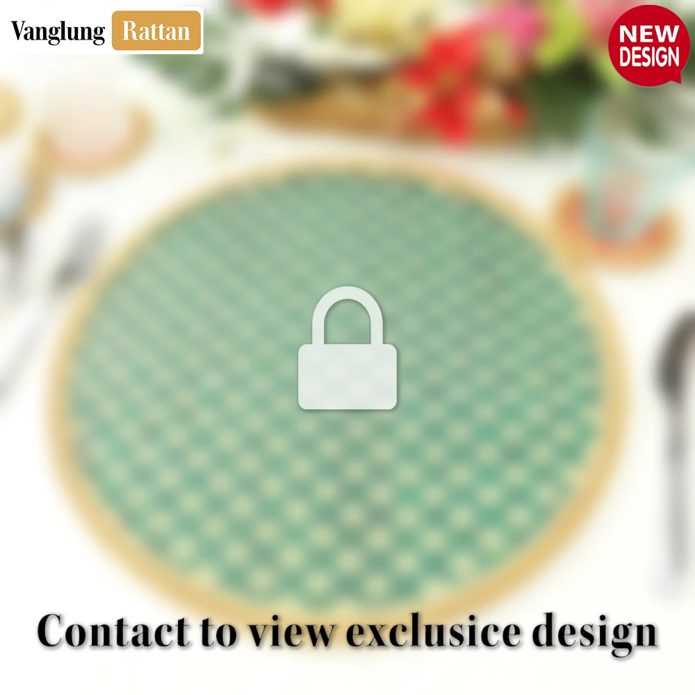 Rattan Export Round Natural Handwoven Bamboo Rattan Placemat with Green Geometric Diamond Pattern - REX-UP054019