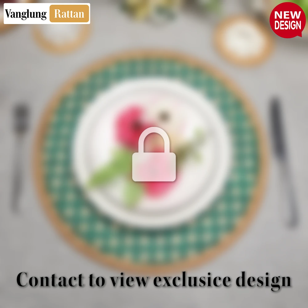 Rattan Export Round Natural Handwoven Bamboo Rattan Placemat with Green Geometric Diamond Pattern - REX-UP054019