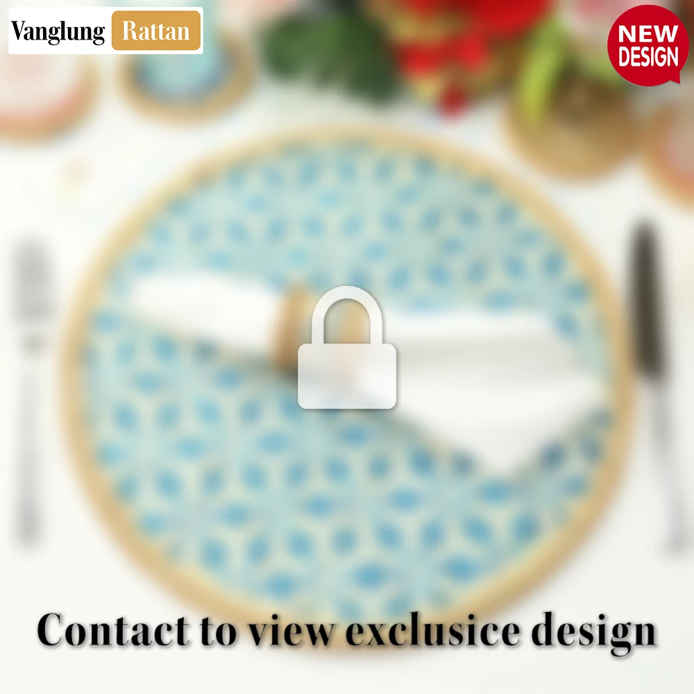Rattan Export Round Natural Handwoven Bamboo Rattan Placemat with Blue Star Pattern - REX-UP054011