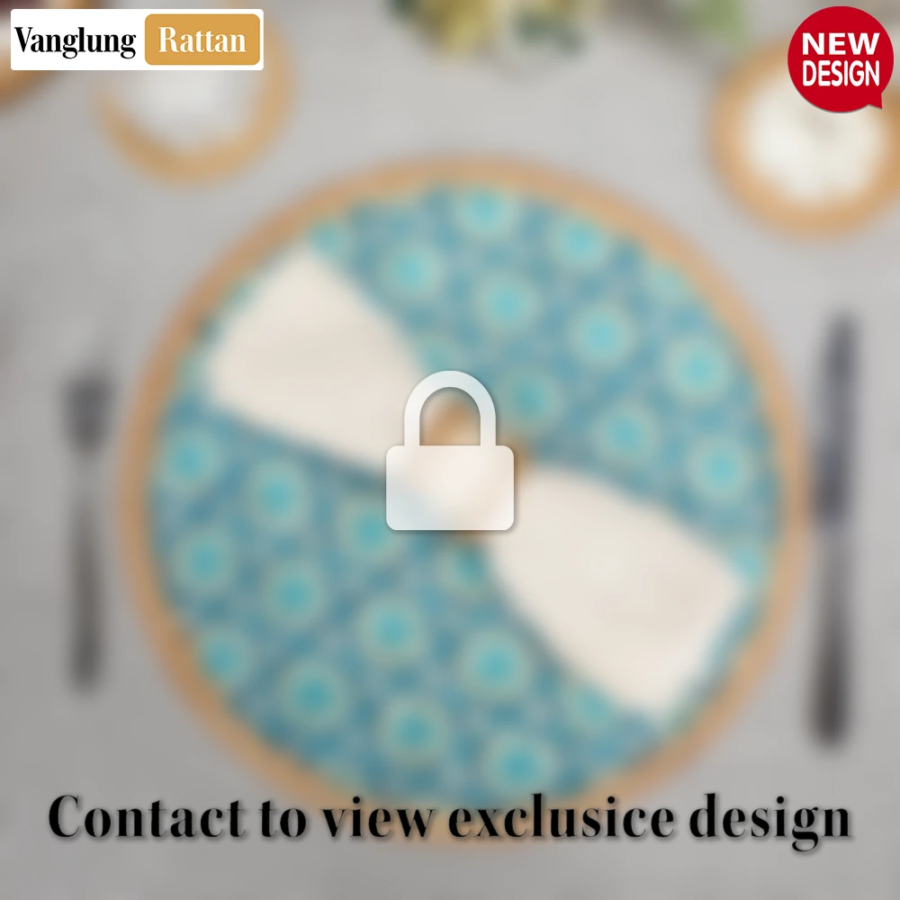 Rattan Export Round Natural Handwoven Bamboo Rattan Placemat with Blue Star Pattern - REX-UP054011