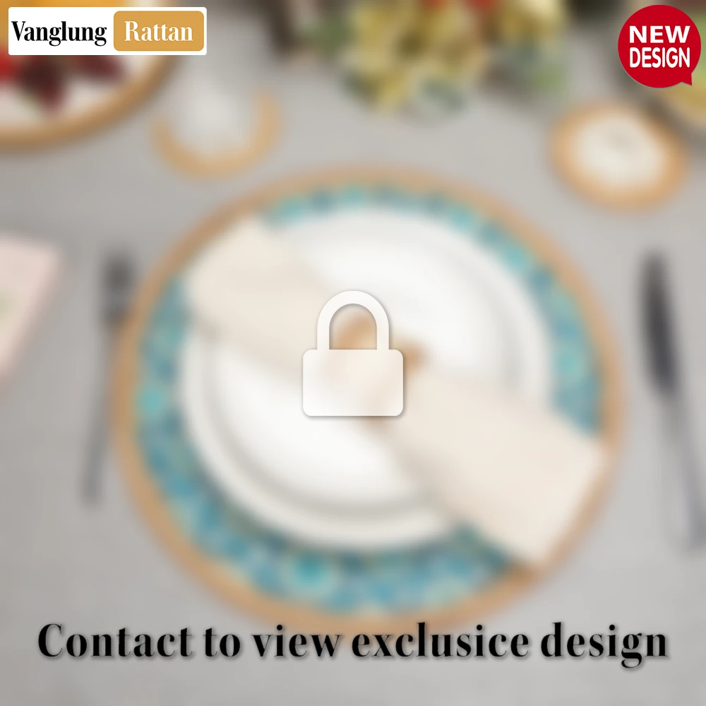 Rattan Export Round Natural Handwoven Bamboo Rattan Placemat with Blue Star Pattern - REX-UP054011