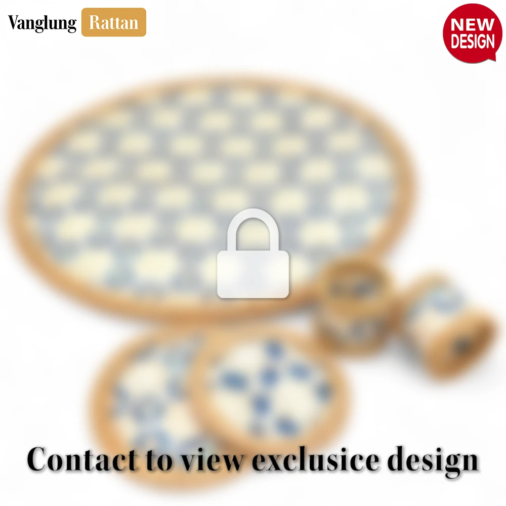 Rattan Export Round Natural Handwoven Bamboo Rattan Placemat with Blue Lattice Pattern - REX-UP054010-B