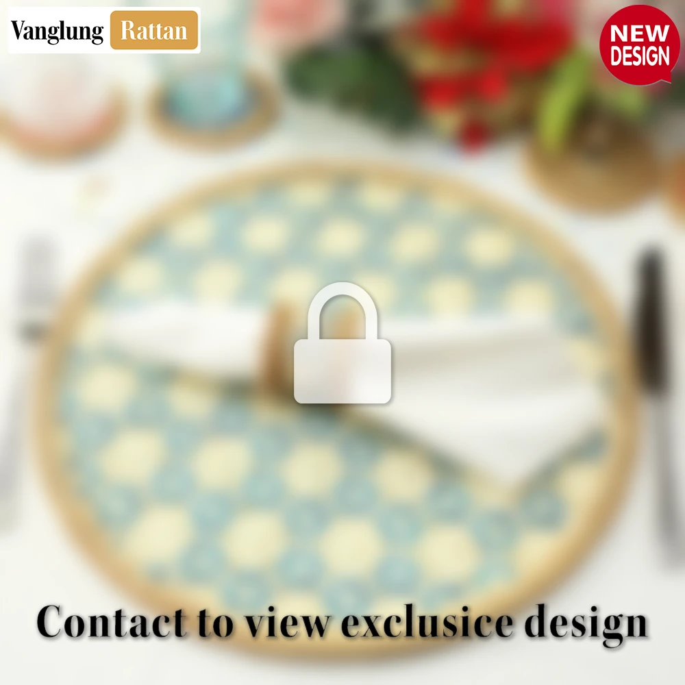 Rattan Export Round Natural Handwoven Bamboo Rattan Placemat with Blue Lattice Pattern - REX-UP054010-B